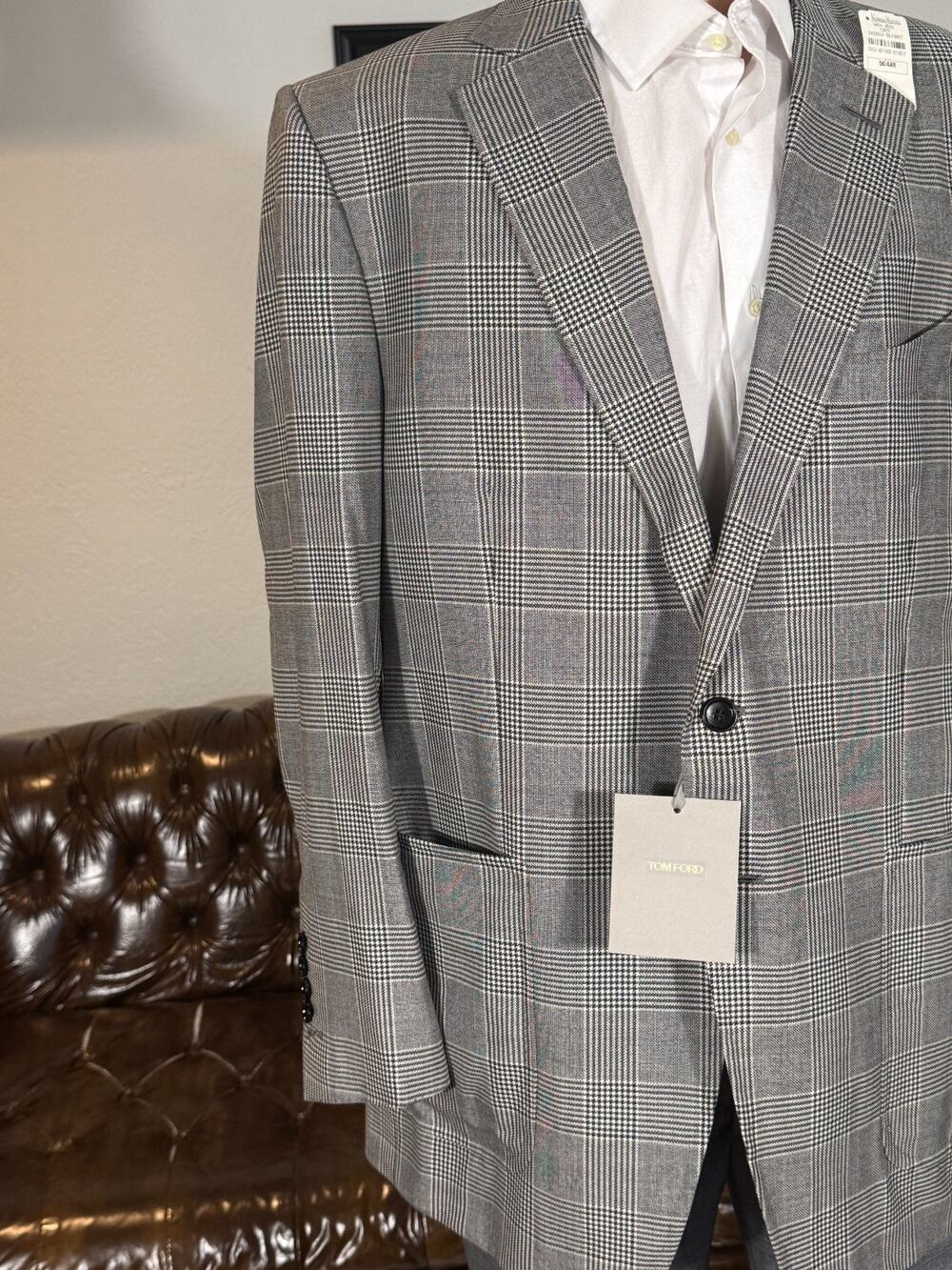 Tom Ford New w Tags PrinceWales Houndstooth Wool Silk Blazer (56 EU) 46R US